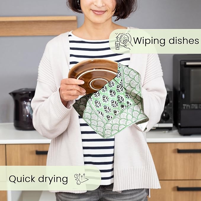 CPC Poppy Blue Hand Block Print Waffle Kitchen Towel Set of 3-16 x 28 Inch Ultra Absorbent Quick Dry Cotton Dish Towels Lightweight Reusable Sustainable Tea Towels for Cleaning and Drying
