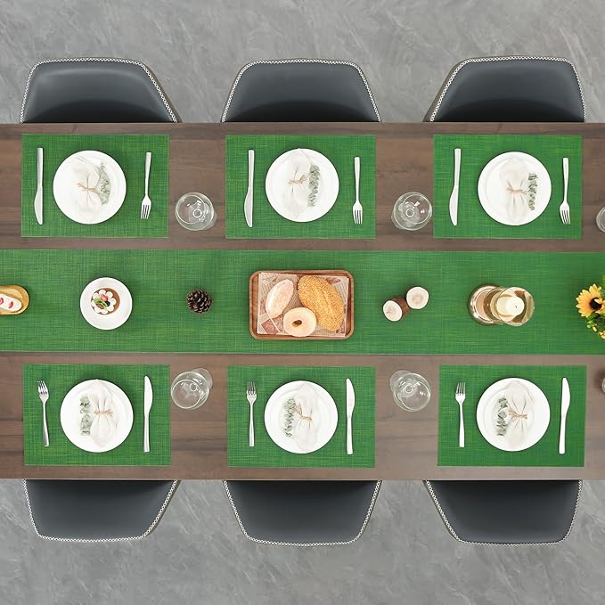 Myir JUN Placemats Set of 10, Vinyl Woven Placemats Place Mats Indoor Set of 10 Washable Table Mats Non-Slip Place mats for Dining Table (Dark Green)