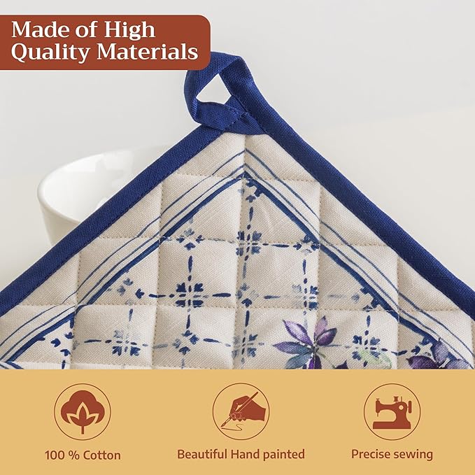 Maison d' Hermine Pot Holders 100% Cotton Heat Resistant Potholders 8" x 8" Hot Pads with Loop BBQ Cooking Baking Gifts for Mothers Day Handling Hot Pans Spring/Summer (Pack of 2, Faience)