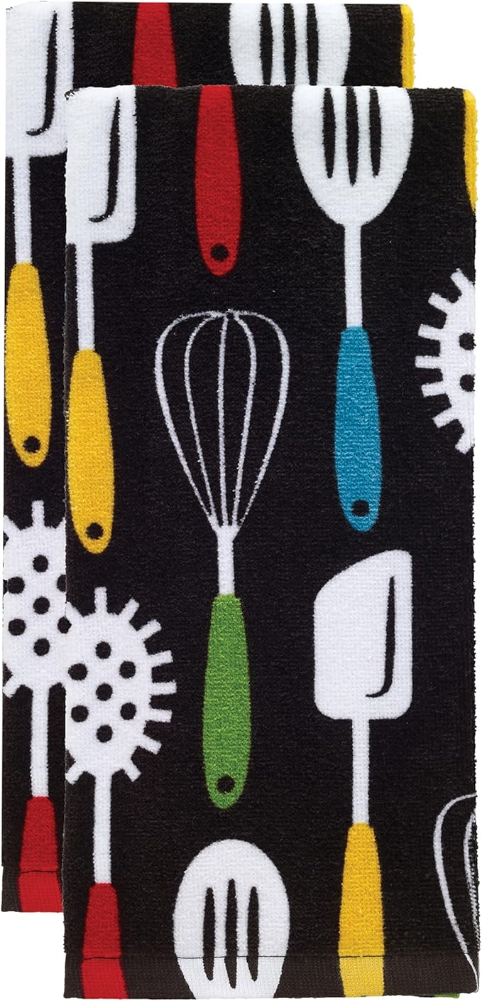 T-Fal Fiber Reactive Print Kitchen Towels: Highly Absorbent, Super Soft - 100% Cotton, 16"x28" Dish Towels for Cleaning & Drying Dishes, Pans, Glassware, or Countertops, 2-Pack, Utensiles