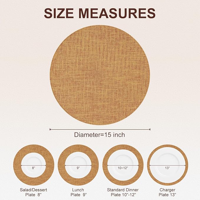 homing 15 Inch Round Cloth Placemats Set of 6, Cotton Linen Blend Washable Table Mats, Farmhouse Dining Place Mats for Indoors & Outdoors, Easy to Clean, Amber
