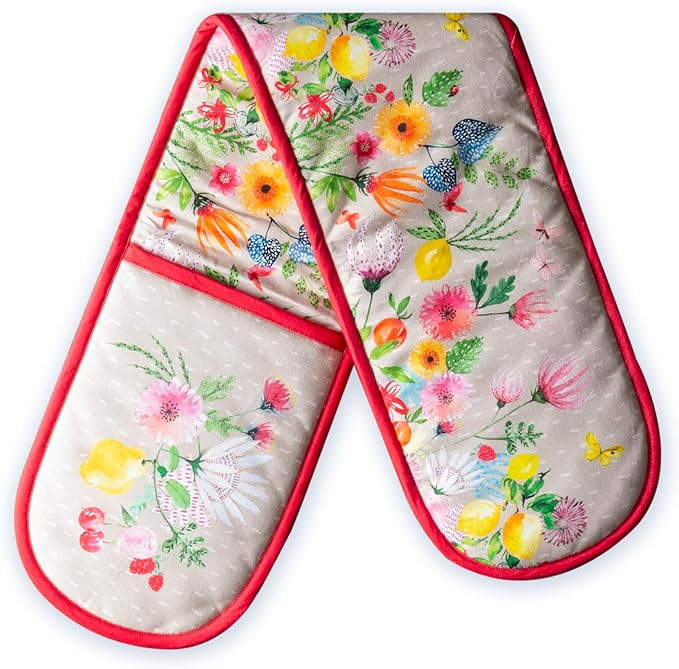 Maison d' Hermine Double Oven Mitts 100% Cotton 7"x35" Double Oven Mitt Heat Resistant BBQ Cooking Gloves with Loop Baking Grilling Gifts for Mothers Day Spring Summer (Jardin D'Ete - Fog)