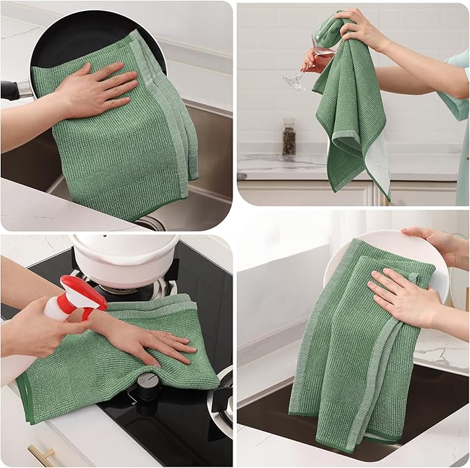 Mordimy Premium Kitchen Towels 6 Pack (18 x 28 Inches, Grass Green), Large Cotton Kitchen Hand Towel, Flat & Terry Dish Towels for Drying Dishes, Super Absorbent Tea Dishtowels Set with Hanging Loop