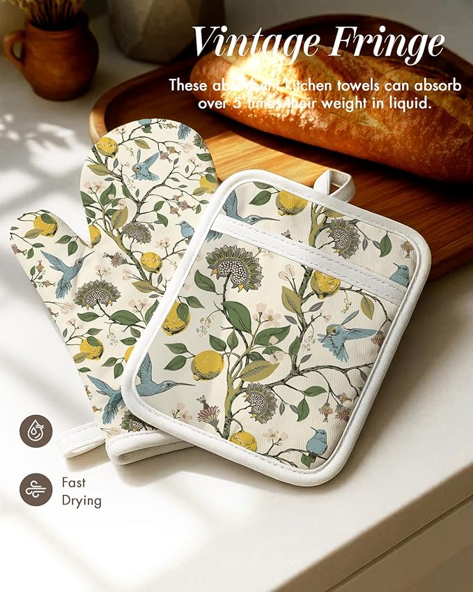 Miss Adola 270 GSM Cotton Kitchen Towels, Oven Mitt and Pot Holder - 4 Pack Kitchen Decor and Accessories Set Spring Cute Farmhouse Boho Quilted Lining Heat Resistant Set with Hanging Loop, Lemon Bird