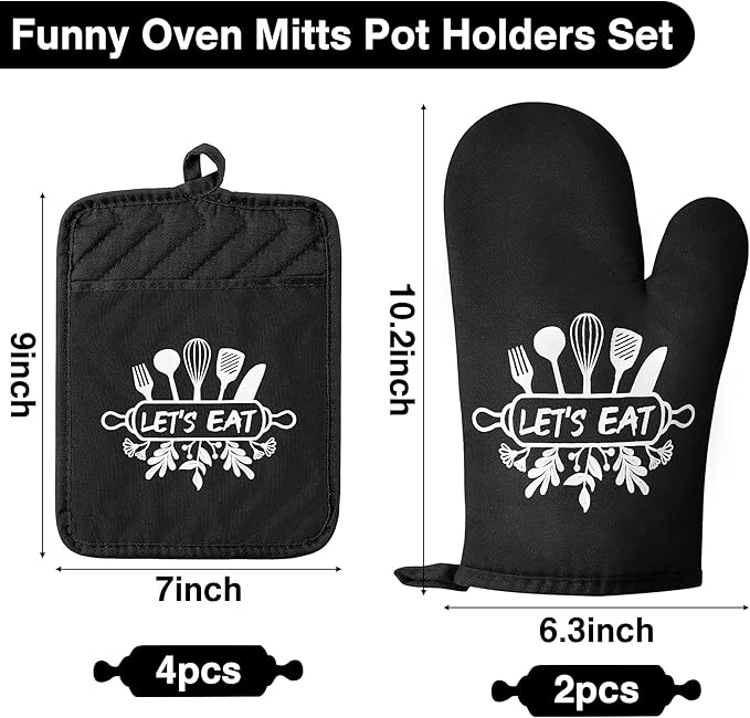 GROBRO7 6Pcs Cotton Oven Mitts Pot Holders Set Let's Eat Heat Resistant Hot Pads Machine Washable Microwave Gloves with Hanging Loop Pocket Potholder for Daily Kitchen Baking Cooking Grilling Black