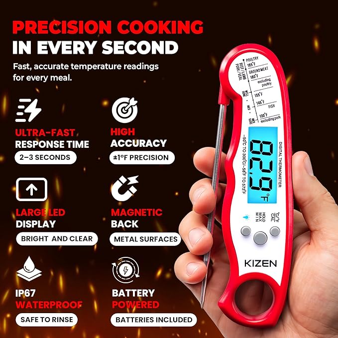 KIZEN Instant Read Meat Thermometer Digital - Food Thermometer for Cooking, Grill, Oven, BBQ - IP67 Rated Waterproof - Large Backlit Display and Magnetic Back