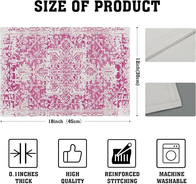 Gray Hot Pink Boho Placemats Set of 6 Ethnic Bohemian Carpet Place Mats Washable Kitchen Dining Vintage Grey Geography Floral Linen Table Mats Stain Heat-Resistant for Home Party Indoor 12x18 in