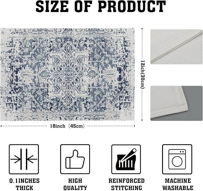 aportt Navy Blue Grey Ethnic Boho Placemats Set of 6 Bohemian Carpet Vintage Gray Linen Washable Kitchen Dining Table Mats Stain Heat-Resistant Desktop Decor Place Mats for Home Party Indoor 12x18 in