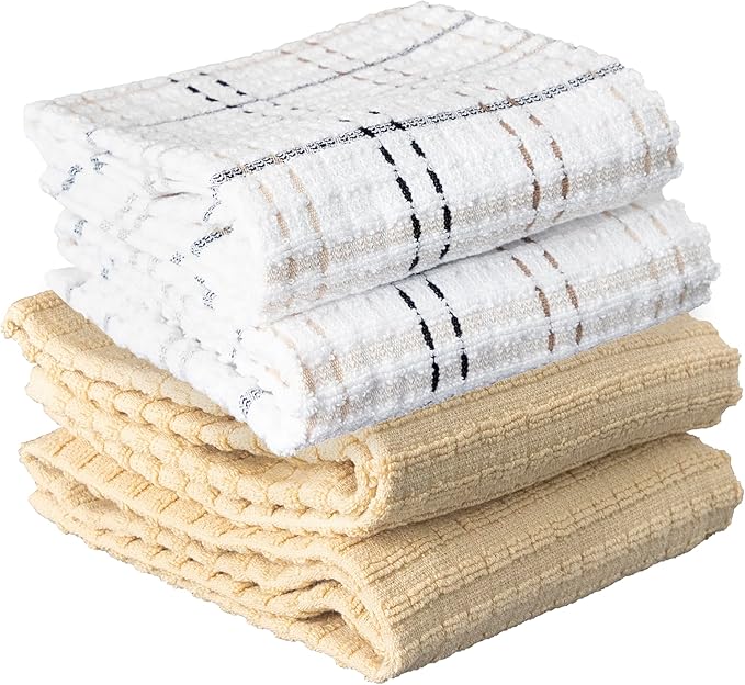 Ritz Royale Collection 100% Combed Terry Cotton, Highly Absorbent, Kitchen Towel Set, 13-3/4" x 12", 4-Pack, Solid & Checked, Latte