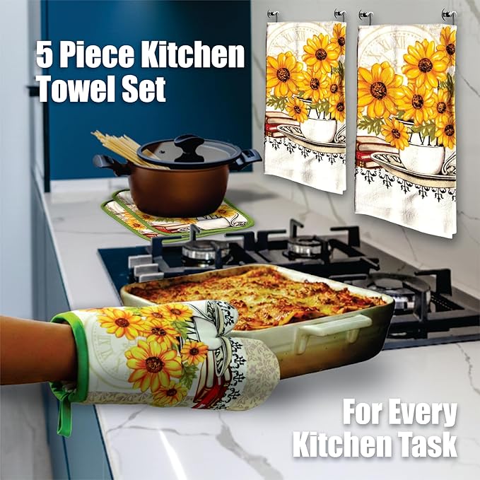Lobyn Value Packs: Bright Sunflower5 Piece Kitchen Towel Set with 2 Decorative Dish Towels (25 X15), 1 Oven Mitt (11 X 7) and 2 Potholders (6.5 X 6.5)