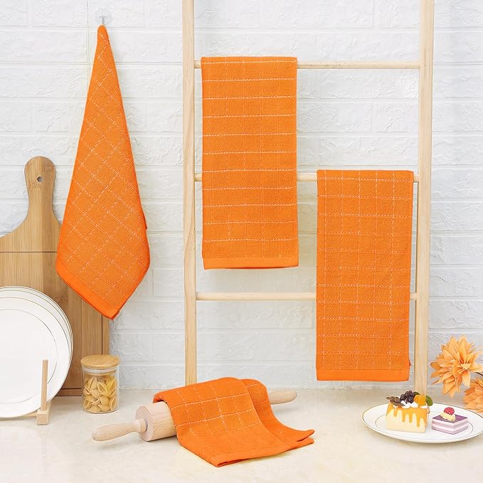 Homaxy 100% Cotton Terry Kitchen Towels(Orange, 13 x 28 inches), Checkered Designed, Soft and Super Absorbent Dish Towels, 4 Pack