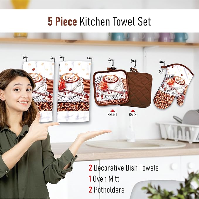 Lobyn Value Packs: Café Latte5 Piece Kitchen Towel Set with 2 Decorative Dish Towels (25 X15), 1 Oven Mitt (11 X 7) and 2 Potholders (6.5 X 6.5) Perfect for Coffee Lovers