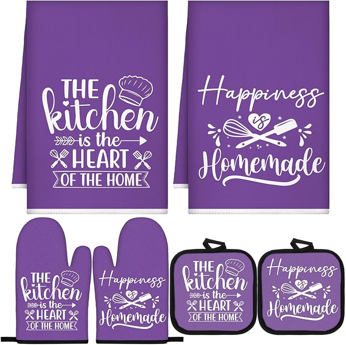 Sratte 6 Pcs Kitchen Decor Accessories Set Farmhouse Towels Pot Holders Oven Mitts Set 2 Dish Towels 2 Potholders 2 Cooking Mittens Oven Glove for Christmas Baking Cooking (Purple,Kitchen)