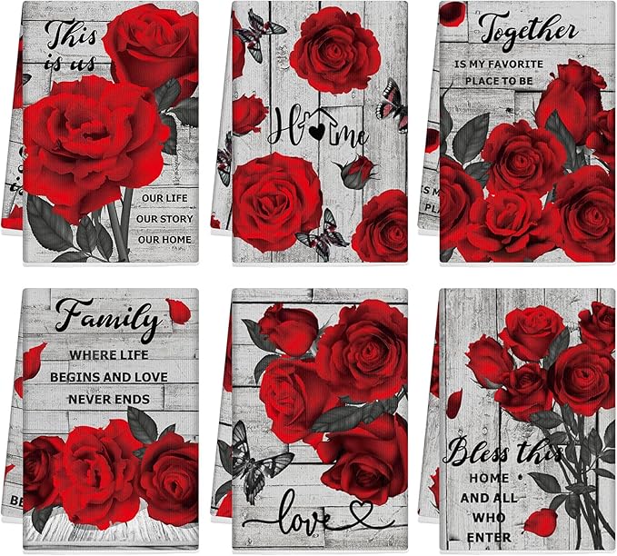 Breling Set of 6 Valentine's Day Red Rose Kitchen Towels Vintage Flowers Dish Towel Romantic Floral Decorative Hand Cloths for Valentine Kitchen Bathroom Decoration Housewarming Gifts, 14 x 21 Inch