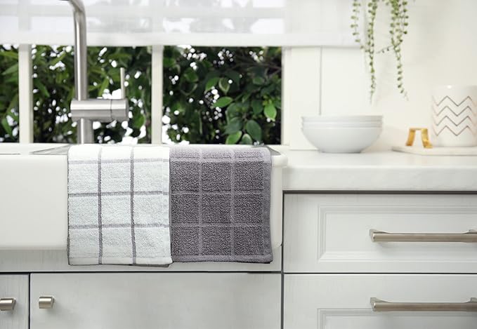 100% Cotton Terry Dish Cloth & Dish Towel, 8 Pack, Super Soft and Absorbent Kitchen Towels, Perfect for Kitchen Cleaning and Dish Washing (Grey (Solid and Checks) 8 Pack)
