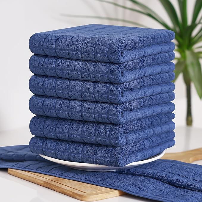 Homaxy Premium Cotton Kitchen Towels 16"x 28", Large Natural Ring Spun 390 GSM Dish Towels, Super Absorbent Terry Kitchen Hand Towels, Soft Tea Towels with Hanging Loop, Pure Navy Blue Design, 8 Pack