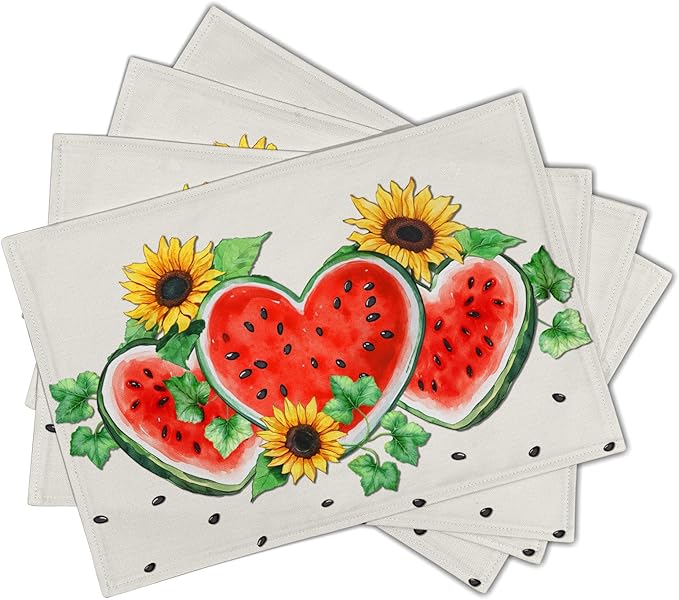 Summer Watermelon Placemat Set of 4，Sunflowers Table Mats Non Slip Heat-Resistant Washable Table Place Mats for Kitchen Dining Table Home Decoration 12 x 18 Inch