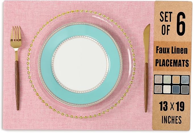 UnivoColors Set of 6 Faux Linen Placemats, Heat-Resistant & Easy-to-Clean,13"x19"for Dining Table, Kitchen, Holiday Meals (Pink)