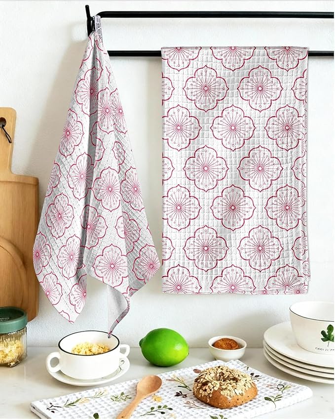 Miss Adola Cotton Waffle Kitchen Towels – Cute 370 GSM 16x25 Inch Terry Cloth Waffle Decorative Dishcloth for Kitchen Set of 2 with Hanging Loop Absorbent Hand Tea Towel for Home Design, Sakura