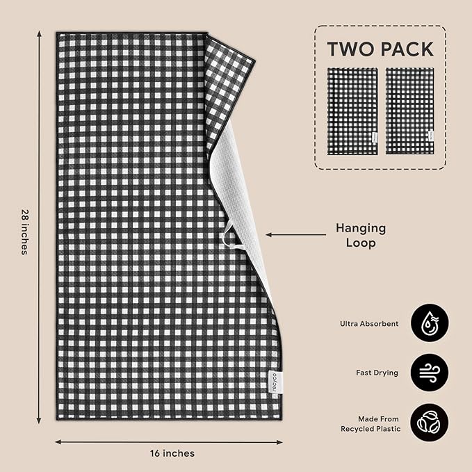 RECYCO Waffle Kitchen Towel Set of 2 - Quick Dry Microfiber Sustainable Dish Towels - Ultra Absorbent Reusable Cleaning Tea Towels - Lightweight Hand Towels,16”x 28”, Iron Black Plaid