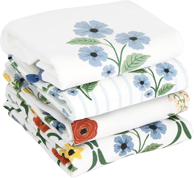 Ritz 100% Cotton Kitchen Towels, Blue Trellis Floral – 16"x26" – Absorbent Dish Towels for Drying & Cleaning – Soft & Durable (Set of 4)