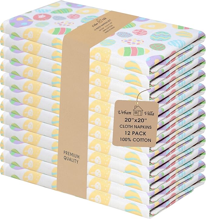 Urban Villa Easter Cloth Napkins 100% Cotton Dinner Napkins Set of 12(20x20)Highly Absorbent Soft Durable Washable Reusable Ideal for Easter Decorations Restaurant Wedding Farmhouse Parties- Egg Print