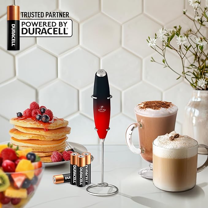 Zulay Kitchen Powerful Milk Frother Wand With 4 AA Duracell Batteries - Ultra Fast Handheld Drink Mixer - Electric Whisk Foam Maker for Coffee, Lattes, Cappuccino, Matcha & Creamer - Black and Red