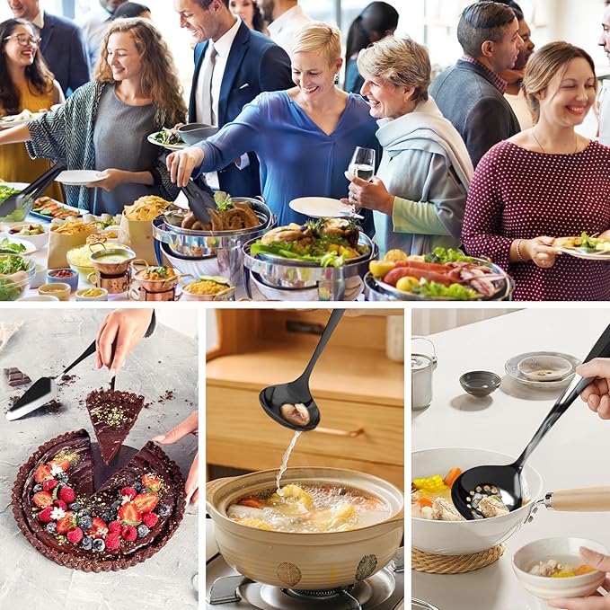 17PCS Serving Utensils Set Flatware, Stainless Steel Serveware Large Serving Spoons, Slotted Spoons, Forks, Tongs, Cake Server,Soup and Skimmer Spoon for Buffet, Catering, Party, Dinner (Black)