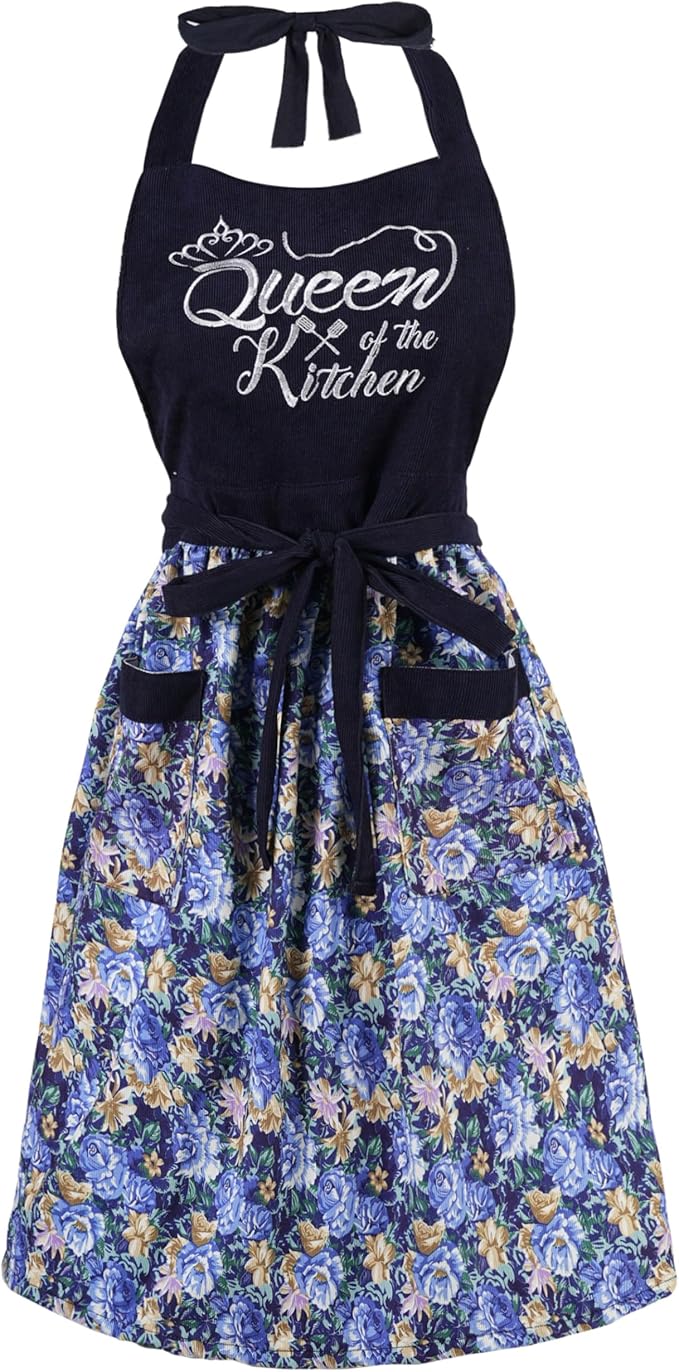 Cute Floral Aprons for Women with Pockets,Cotton Adjustable Neck Strap Apron for Kitchen Cooking Baking Gardening
