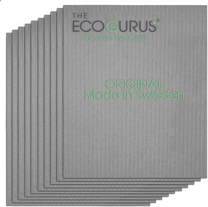 10 Pack Odour-Resistant Reusable Cleaning Cloths | Original Swedish Dishcloth | Made in Sweden | Suitable for All Surfaces | Biodegradable Cellulose Sponge | Kitchen & Bathroom | Gray
