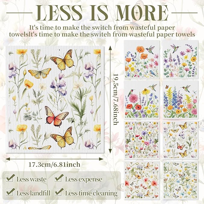 Tegeme 8 Pcs Wildflowers Swedish Dishcloth Kitchen Spring Hummingbird Butterfly Flower Dish Towel Absorbent Cotton Reusable Kitchen Towels for Summer Home Party Housewarming Counter Wipes, 6.8 x 7.7''