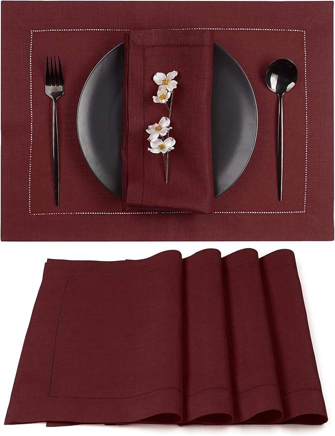 D'Moksha Homes Linen Placemats Set of 4 - Classic Hemstitch Dark Red Placemats 14 x 19 Inch - 100% Pure Linen Table Mats for Mothers Day, Spring - Handcrafted and Machine Washable
