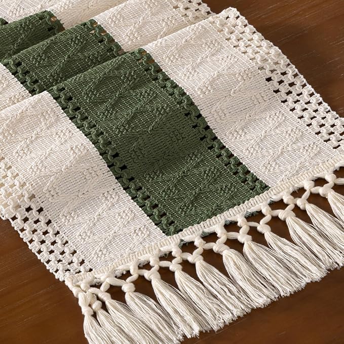 DeZerlor Boho Macrame Table Runner Spring Easter Farmhouse Woven Small Table Runner with Tassels 48 Inches Ivory& Olive Green Cotton Linen Kitchen Table Decor for Dining Dresser Home Tea Table Decor
