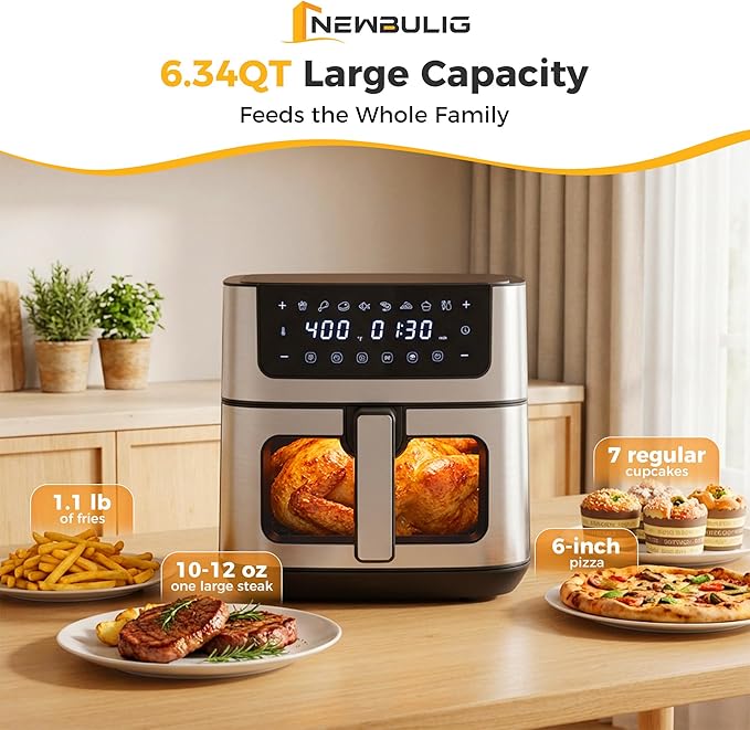 NEWBULIG Air Fryer 6.34QT, Airfryer with Visible Window, 400℉ Fast Heating Air Fryers Oven with Nonstick and Dishwasher-Safe Basket, 8-in-1 Cooking Preset, Timer，Auto-Off, Stainless Steel, Black