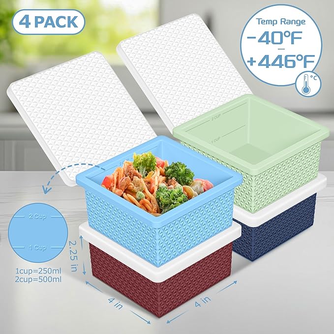 Silicone Freezer Molds for Soup Cube - 2-Cup Freezer Storage Container Tray with Lid,4 Pack Stackable Ice Cube Trays for Portion Control,Food Storage & Meal Prep (Green+Light Blue+Burgundy+Dark Blue)