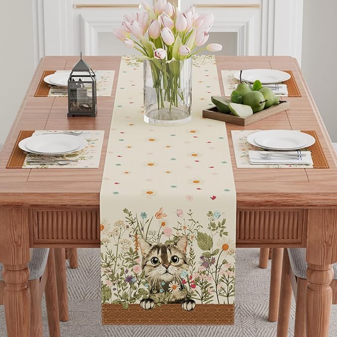 XCHI Wildflowers Cat Daisy Spring Table Runner Summer Table Decoration for Party Home Kitchen Dining Holiday Decor 13x120 Inch