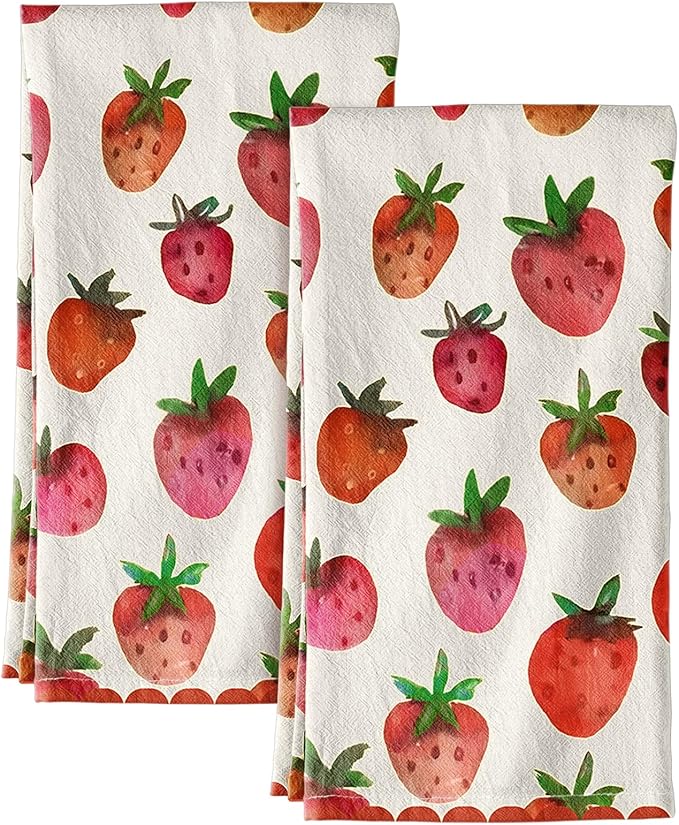 Miss Adola Flour Sack Kitchen Towels - Set of 2 Cotton Dish Towels with Hanging Loop Decorative 18x26 Inch Absorbent Cute Design for Housewarming Gifts, Strawberry