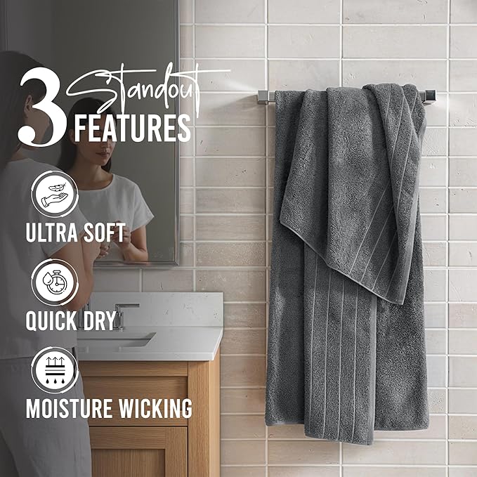 RIVERSIDE Pack of 4 Premium Extra Large Grey Bath Towels 30 x 60 Inches, 100% Cotton, Super Soft & Highly Absorbent, Larger & Lighter Weight, Quicker to Dry, Perfect for Bathroom