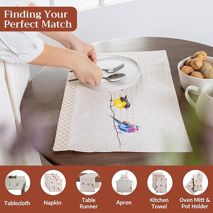 Maison d' Hermine Placemats Set of 4 100% Cotton Washable Cloth Place Mats Reusable Table Mats for Kitchen Dining Party Wedding Gifts for Mothers Day Spring/Summer (Birdies on Wire, 13" x 19")