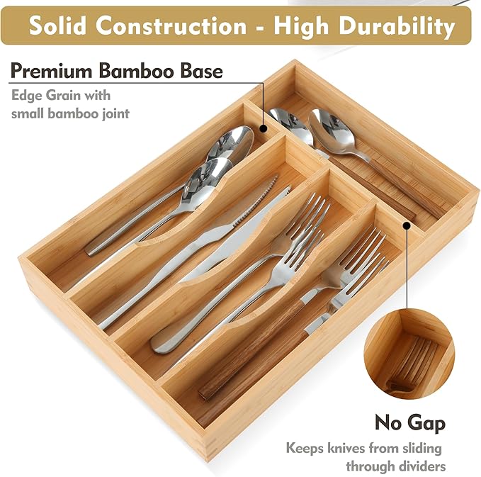 Upassion Bamboo Kitchen Drawer Organizer, 8.25 Inch Silverware Utensil Holder for Samll Drawer, Silverware Organizer for Cutlery Knives, Natural