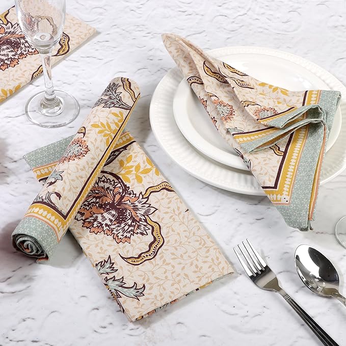 FINGERCRAFT Cloth Napkins, Set of 12 Cotton Linen Blend Printed Dinner Napkins Cloth Mitered Corner Perfect for Parties Dinners Weddings Cocktail Christmas Easter 20x20 Royal Bloom