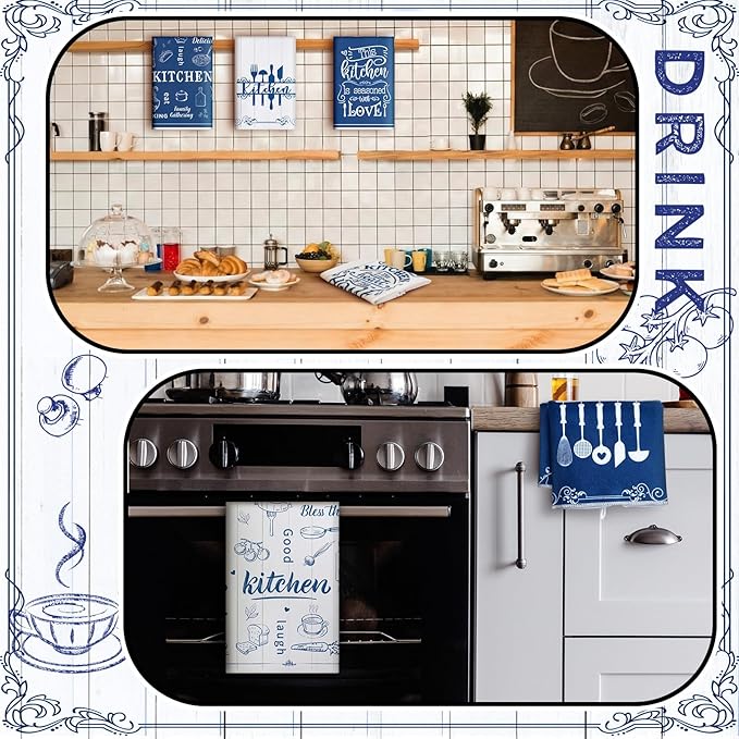 Bencailor 6 Pcs Blue White Kitchen Towels Decorative Sets Dish Towels Absorbent Fast Drying Hand Tea Vintage Hanging Reusable Cleaning Dishcloths for Cooking Farmhouse Bathroom Accessory