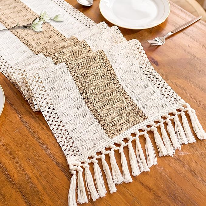 Boho Table Runner for Home Decor with Tassels 90 Inches Long, Farmhouse Rustic Cream & Brown Table Runners for Kitchen Holiday Party and Wedding Decor Runner (12x90in, Fringe Included)