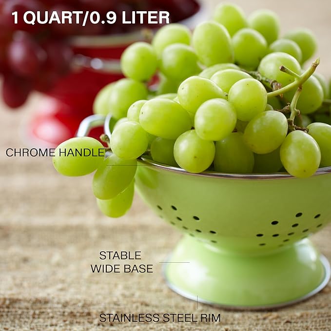 Reston Lloyd, 1 Quart Powder Coated Steel Kitchen Strainer Basket for draining Pasta, Vegetable and Fruit, Chrome Handles and Wide Stable Base, Pink