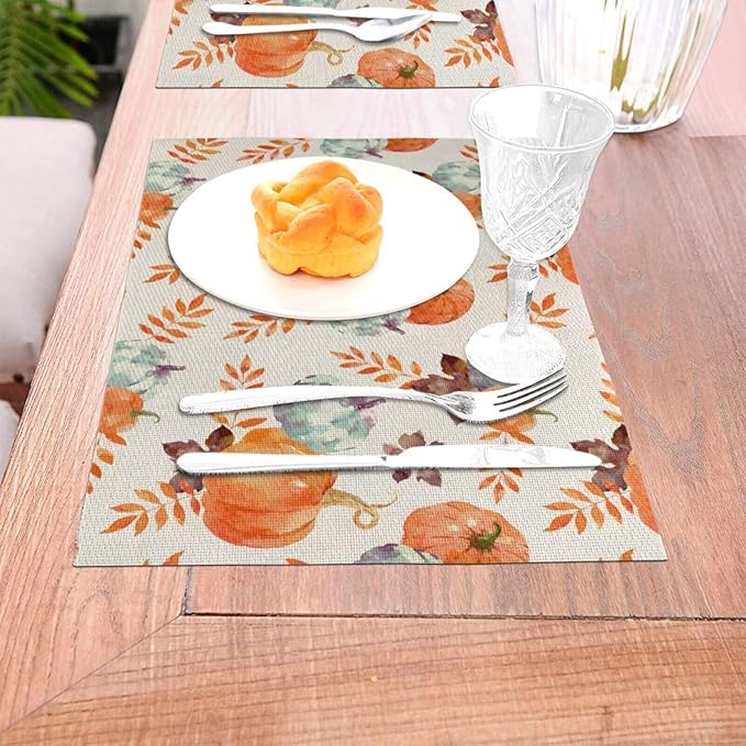 Fall Pumpkin Placemats 12x18 Inch Set of 4, Blue Orange Pumpkin Thanksgiving Table Place Mat Autumn Watercolor Harvest Washable Table Mats Decorative Linen Fabric Table Mat for Dining Table