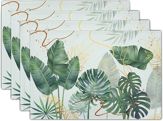 Palm Leaves Tropical Placemats Set of 4,12x18 Inch Boho Green Leaf Botanical Decor Seasonal Tablemat Non-Slip Washable Tabletop Mat for Indoor Outdoor Kitchen Dining Table
