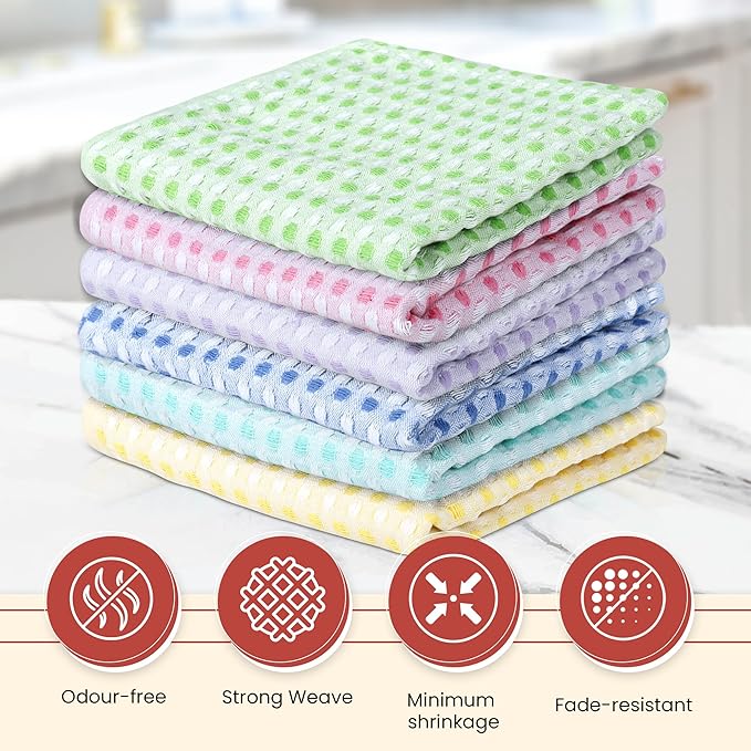 Vintage Vista 100% Cotton Dish Cloths (Pack of 6) - Dish Rags for Washing Dishes - Reusable & Highly Absorbent Kitchen Towels - Kitchen Rags fo Easter - (12" x 12" - Multicolor Honeycomb)