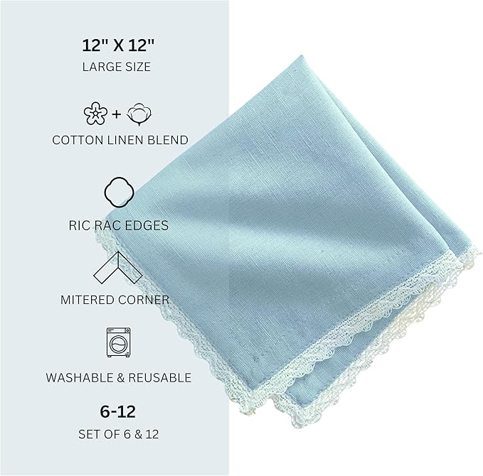 Fingercraft Dinner Cloth Napkin Cotton Linen Blend 12 Pack 12In Mitered Corners with Elegant Lace for Everyday Use Napkins Cloth are Pre Shrunk and Good Absorbency Sky Blue Easter Color