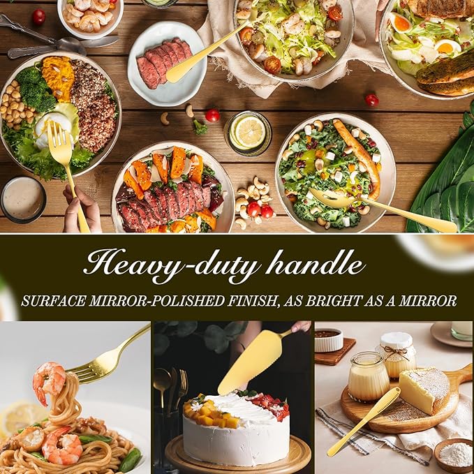 Mwellewm 14Pc Serving Utensils,Gold Stainless Steel Serving Spoons for Buffet,Fork,Tongs,Slotted Spoon,Cake Pie Server,Soup Spoon,Metal Silverware Banquet Cutlery Set for Parties Entertaining Catering
