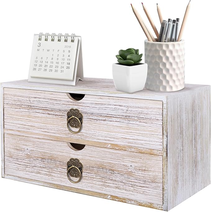 Wood Desk Organizer, Vintage Brown Wooden Desktop Organizer with Drawer, Tabletop Storage Organization Box for Countertop, Home Office Supplies, Bills, 13.3 x 6.5 x 7 Inches(2 Drawer)